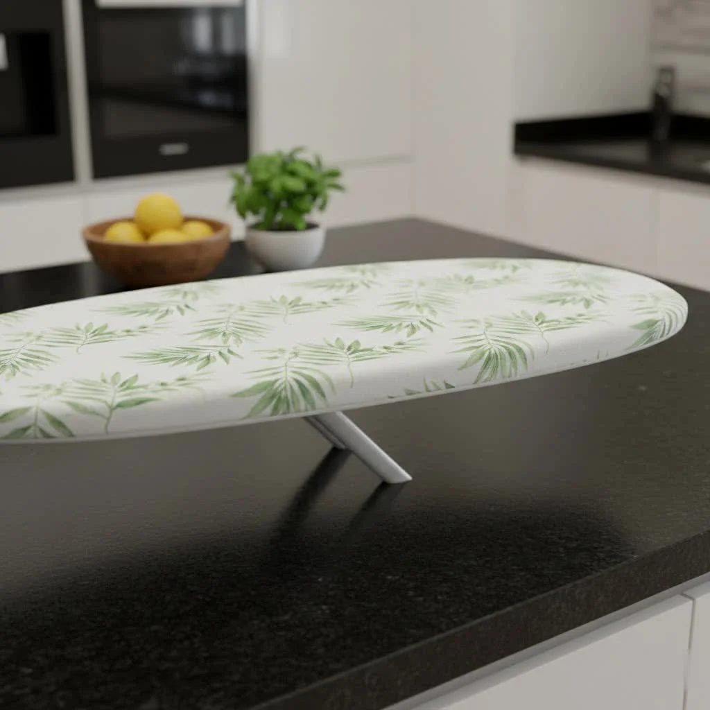 Wall-mounted ironing board folded against a wall