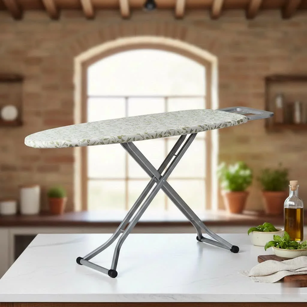Compact countertop ironing board on a wooden surface