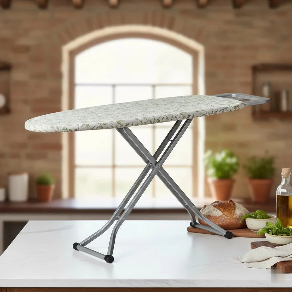 Ironing board with a steam iron and neatly folded clothes