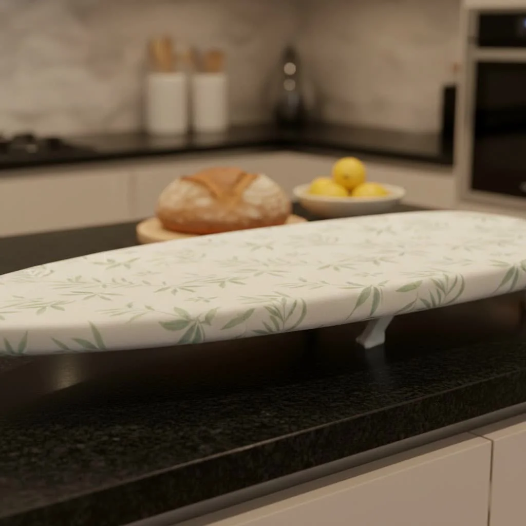 Person ironing clothes on a freestanding ironing board