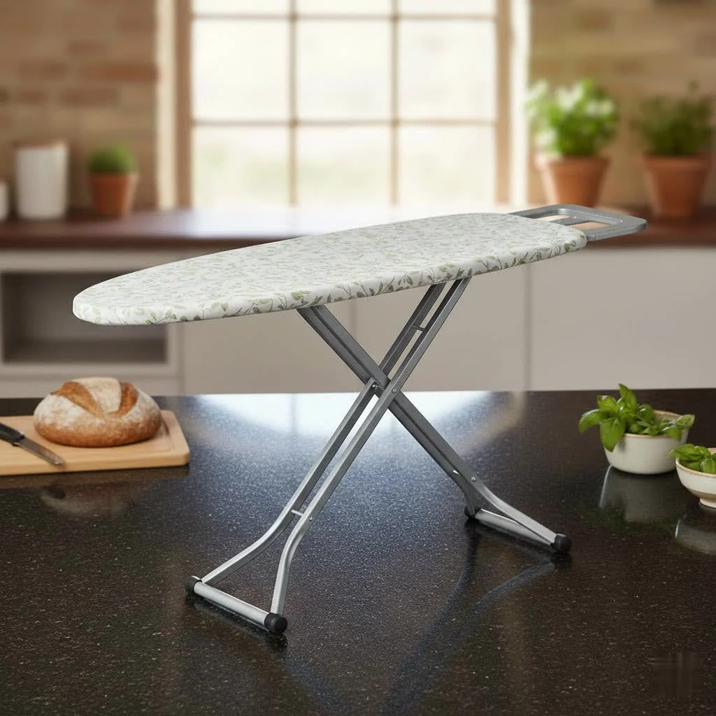 Wall-mounted ironing board folded against a wall